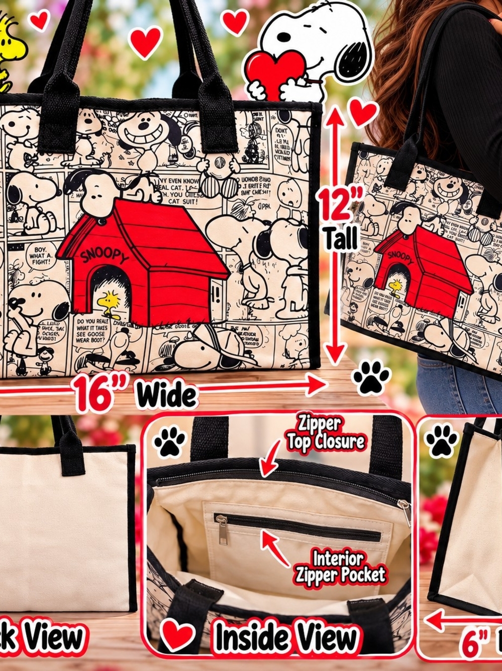 Snoopy Comic Strip Canvas Tote Bag - Red/Black